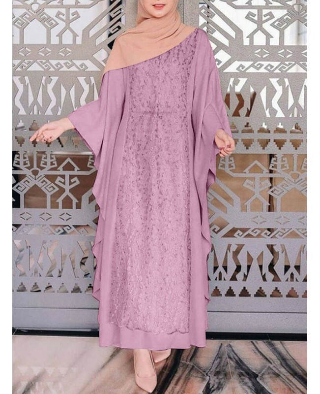 Women Long Sleeve Lace Patchwork Bat Sleeve Kaftan Tunic Solid Color Pleats Midi Dresses - Black S Women Long Sleeve Lace Patchwork Bat Sleeve Kaftan Tunic Solid Color Pleats Midi Dresses - Black S