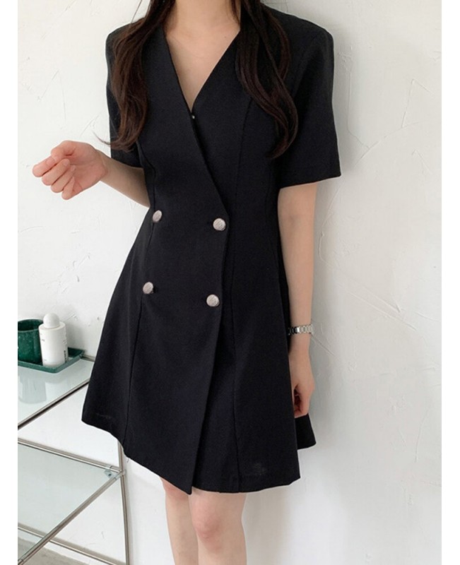 Cotton Solid Button Ruched V Neck Short Sleeve Midi Dress - Black S