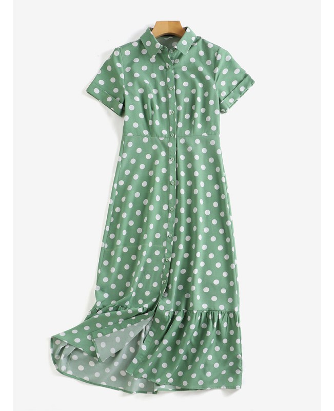 Polka Dot Button Lapel Short Sleeve Ruffle Shirt Dress - Black S