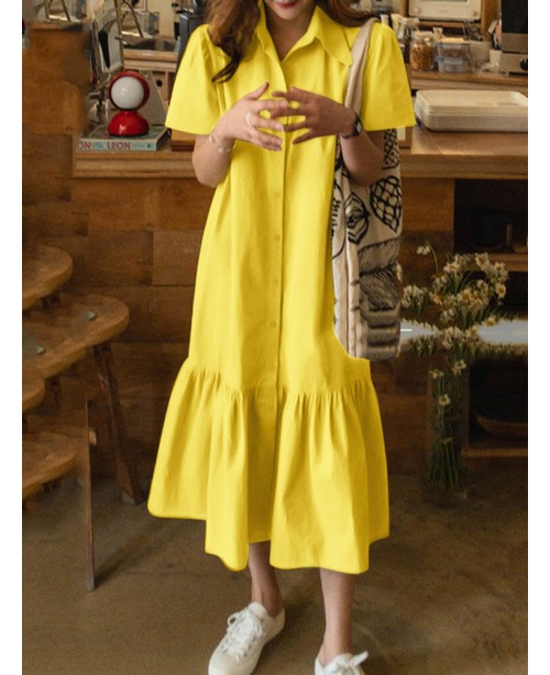 Solid Button Lapel Ruffle Short Sleeve Casual Shir...