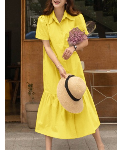 Solid Button Lapel Ruffle Short Sleeve Casual Shir...