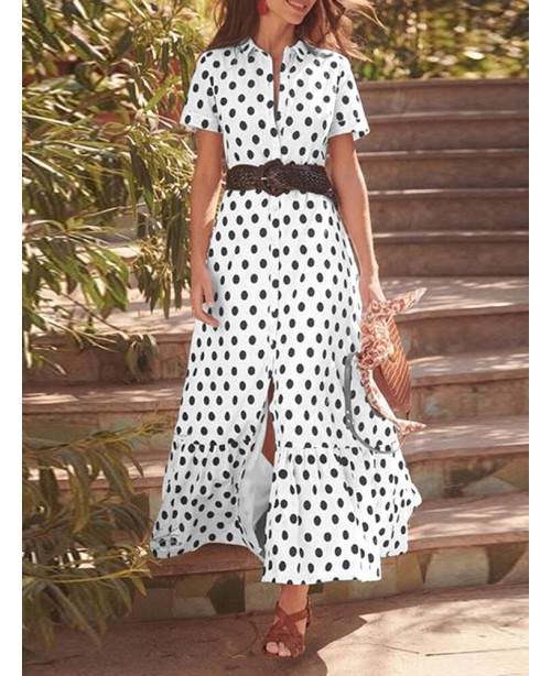 Polka Dot Button Lapel Short Sleeve Ruffle Shirt D...