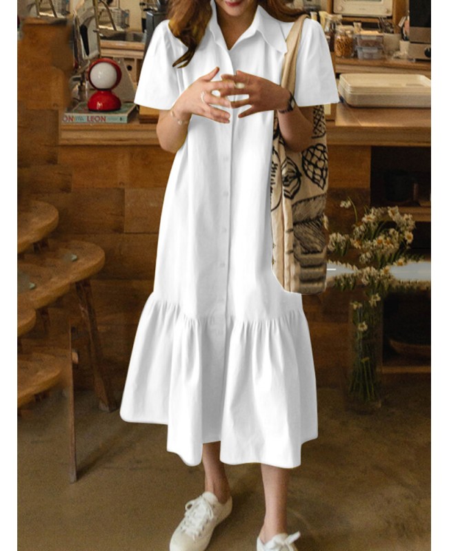 Solid Button Lapel Ruffle Short Sleeve Casual Shirt Dress - Black S