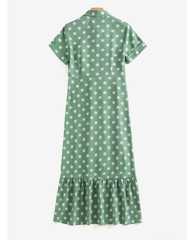 Polka Dot Button Lapel Short Sleeve Ruffle Shirt Dress - Black S