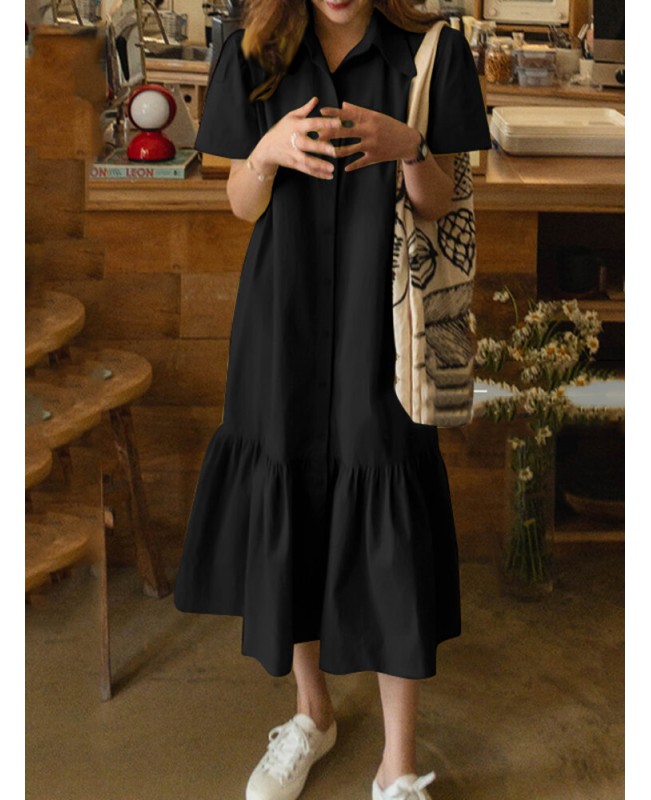 Solid Button Lapel Ruffle Short Sleeve Casual Shirt Dress - Black S
