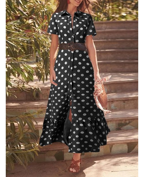 Polka Dot Button Lapel Short Sleeve Ruffle Shirt D...