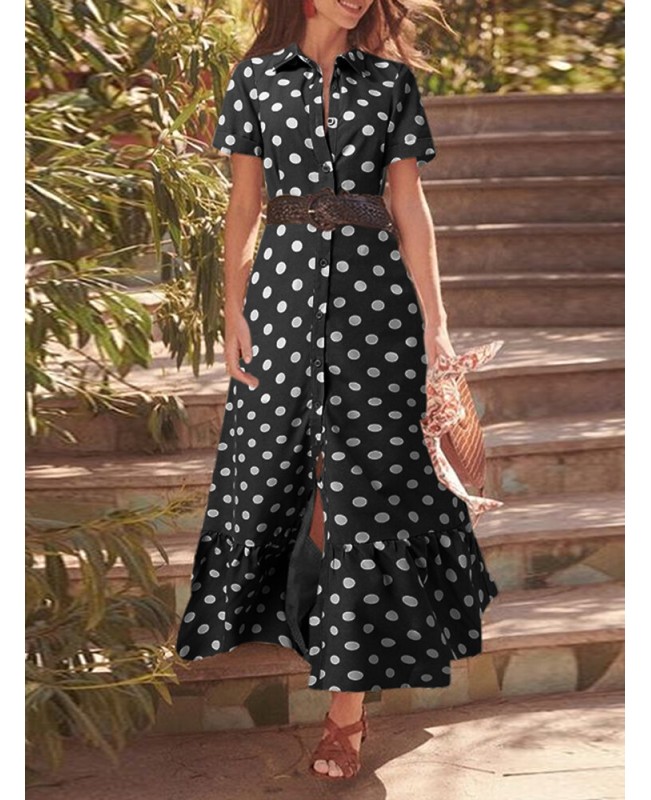 Polka Dot Button Lapel Short Sleeve Ruffle Shirt Dress - Black S