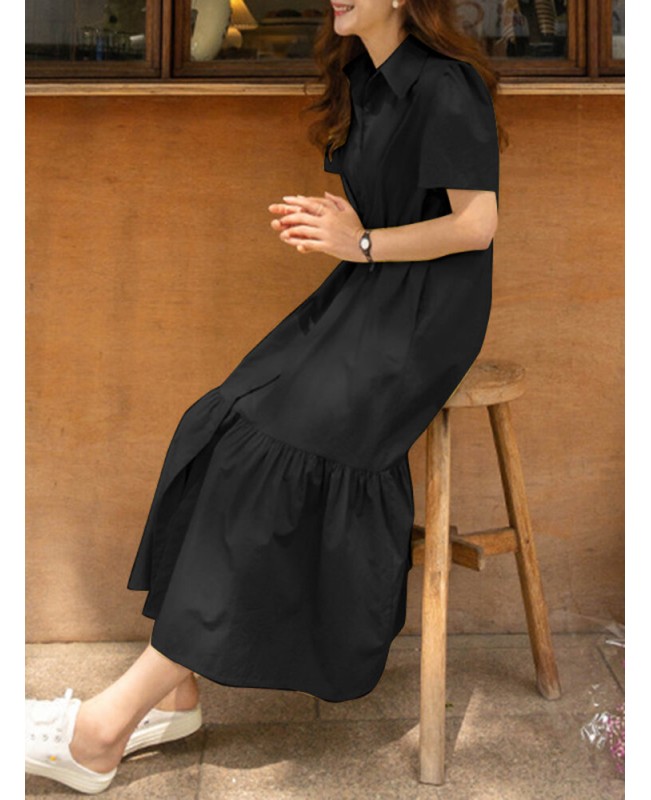 Solid Button Lapel Ruffle Short Sleeve Casual Shirt Dress - Black S