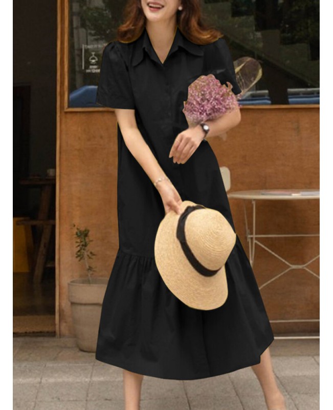 Solid Button Lapel Ruffle Short Sleeve Casual Shirt Dress - Black S