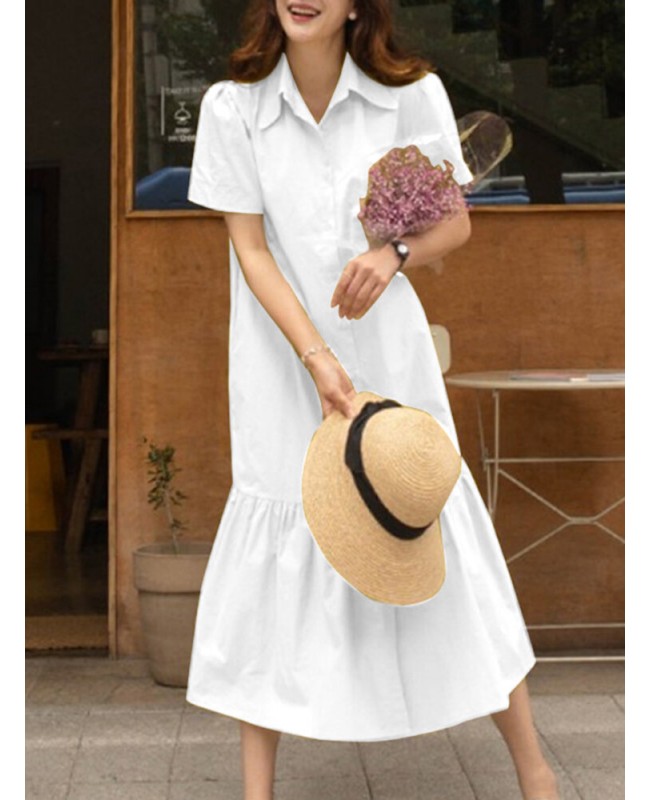 Solid Button Lapel Ruffle Short Sleeve Casual Shirt Dress - Black S