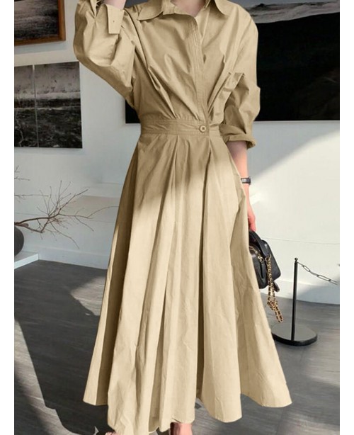 Women Solid Color Fitting Pleated Spliced Buttons ... Women Solid Color Fitting Pleated Spliced Buttons ...