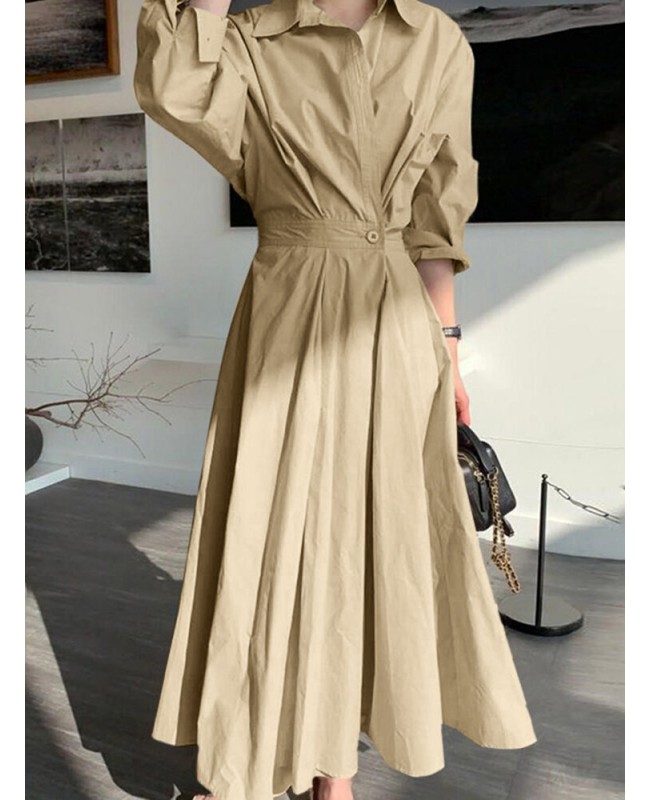 Women Solid Color Fitting Pleated Spliced Buttons Full Sleeve Calf Length Midi Dresses - Black 4XL Women Solid Color Fitting Pleated Spliced Buttons Full Sleeve Calf Length Midi Dresses - Black 4XL