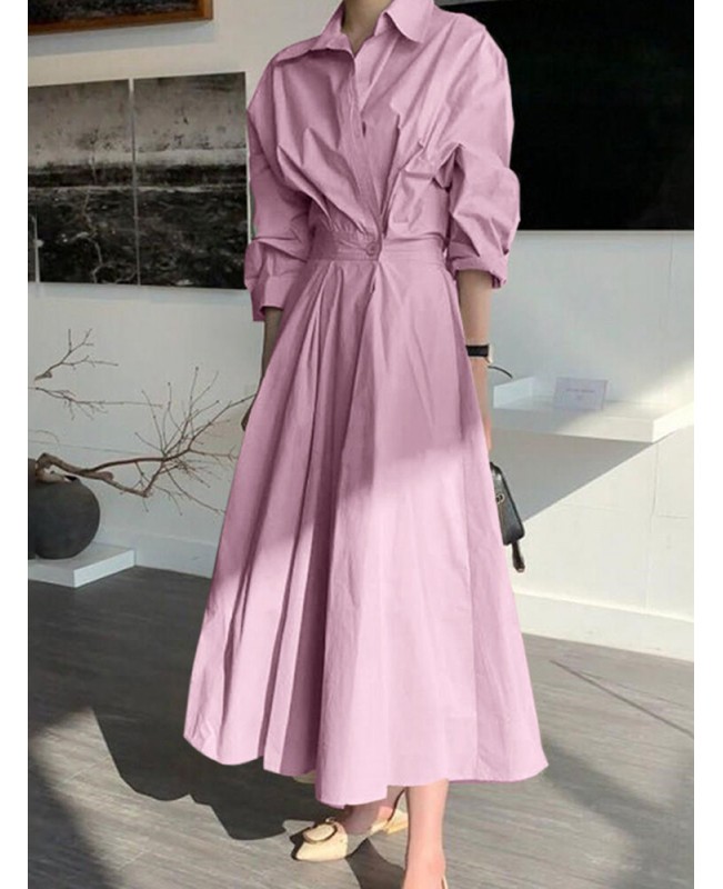 Women Solid Color Fitting Pleated Spliced Buttons Full Sleeve Calf Length Midi Dresses - Black 4XL Women Solid Color Fitting Pleated Spliced Buttons Full Sleeve Calf Length Midi Dresses - Black 4XL