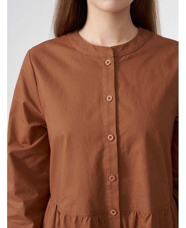 Solid Button Half Placket Long Sleeve Stand Collar Dress - Brown S