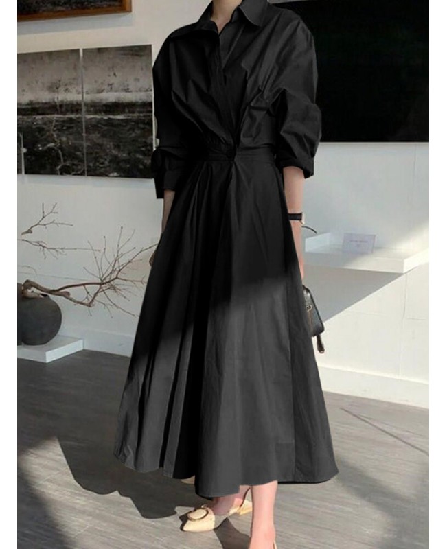 Women Solid Color Fitting Pleated Spliced Buttons Full Sleeve Calf Length Midi Dresses - Black 4XL Women Solid Color Fitting Pleated Spliced Buttons Full Sleeve Calf Length Midi Dresses - Black 4XL
