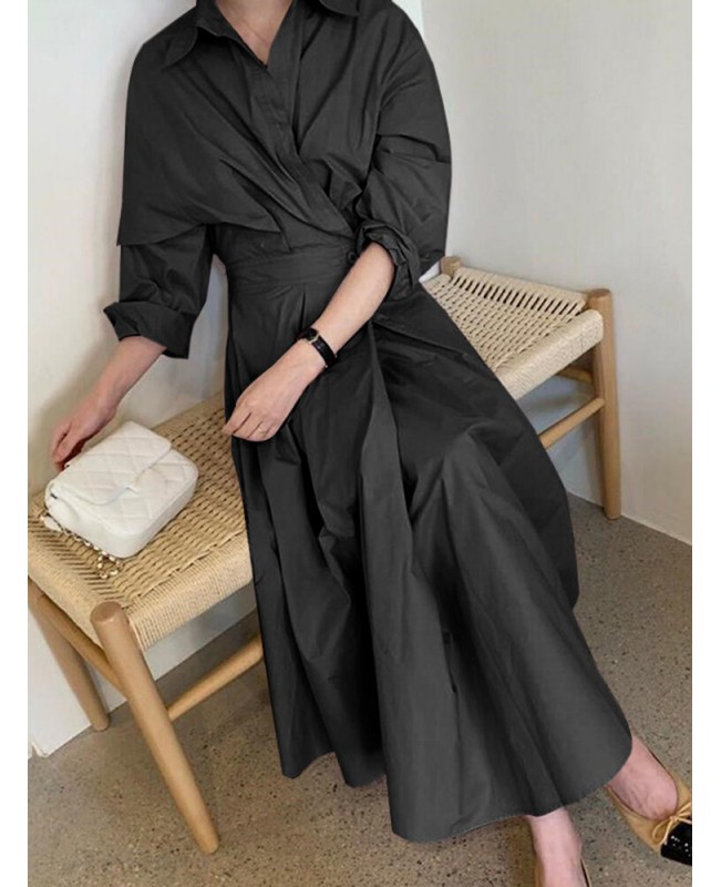 Women Solid Color Fitting Pleated Spliced Buttons Full Sleeve Calf Length Midi Dresses - Black 4XL Women Solid Color Fitting Pleated Spliced Buttons Full Sleeve Calf Length Midi Dresses - Black 4XL