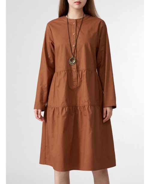 Solid Button Half Placket Long Sleeve Stand Collar...