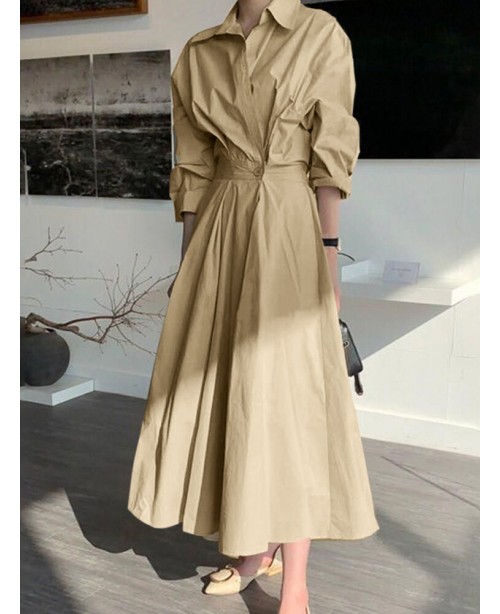 Women Solid Color Fitting Pleated Spliced Buttons ... Women Solid Color Fitting Pleated Spliced Buttons ...