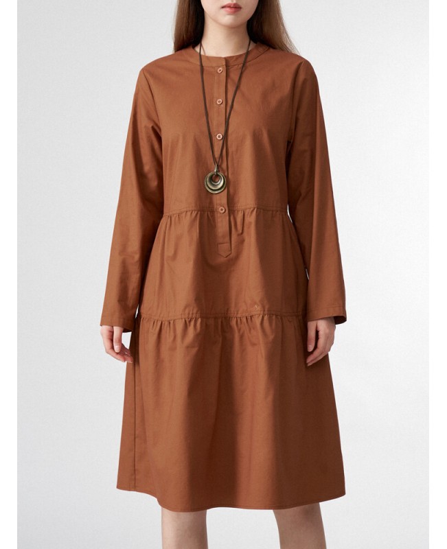 Solid Button Half Placket Long Sleeve Stand Collar Dress - Brown S