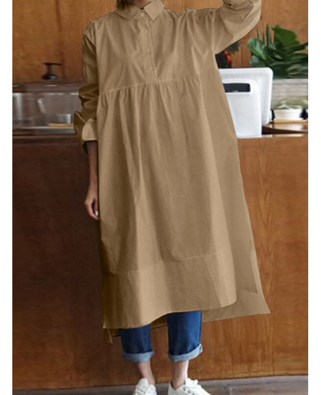 Women Shirt Long Sleeve Collared Calf Length Front Buttons Midi Dresses - Black M Women Shirt Long Sleeve Collared Calf Length Front Buttons Midi Dresses - Black M