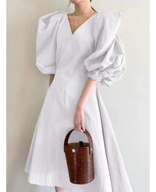 Women Puff Sleeve 100% Cotton V-Neck Solid Color E... Women Puff Sleeve 100% Cotton V-Neck Solid Color E...