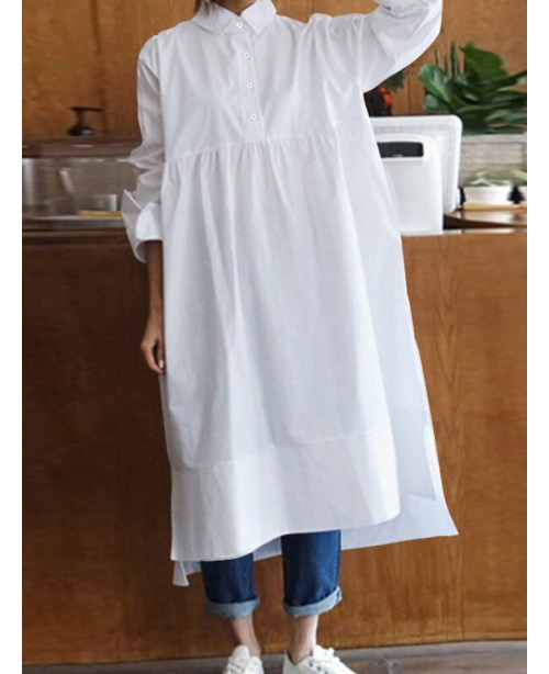 Women Shirt Long Sleeve Collared Calf Length Front... Women Shirt Long Sleeve Collared Calf Length Front...