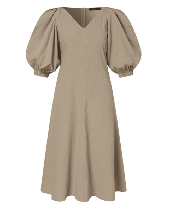 Women Puff Sleeve 100% Cotton V-Neck Solid Color Elastic Cuff Pleats Midi Dresses - Black L Women Puff Sleeve 100% Cotton V-Neck Solid Color Elastic Cuff Pleats Midi Dresses - Black L