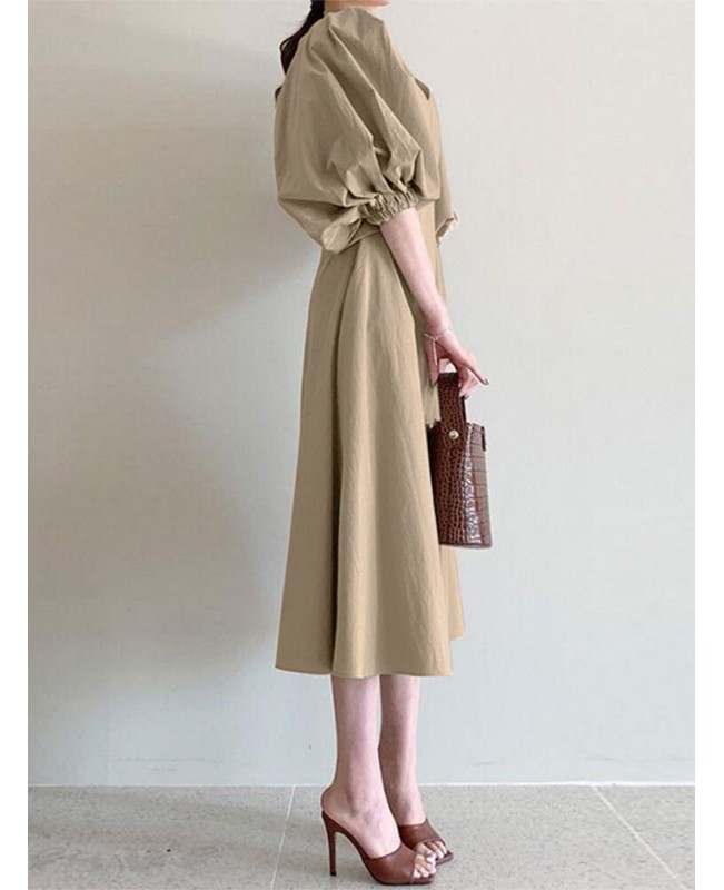 Women Puff Sleeve 100% Cotton V-Neck Solid Color Elastic Cuff Pleats Midi Dresses - Black L Women Puff Sleeve 100% Cotton V-Neck Solid Color Elastic Cuff Pleats Midi Dresses - Black L