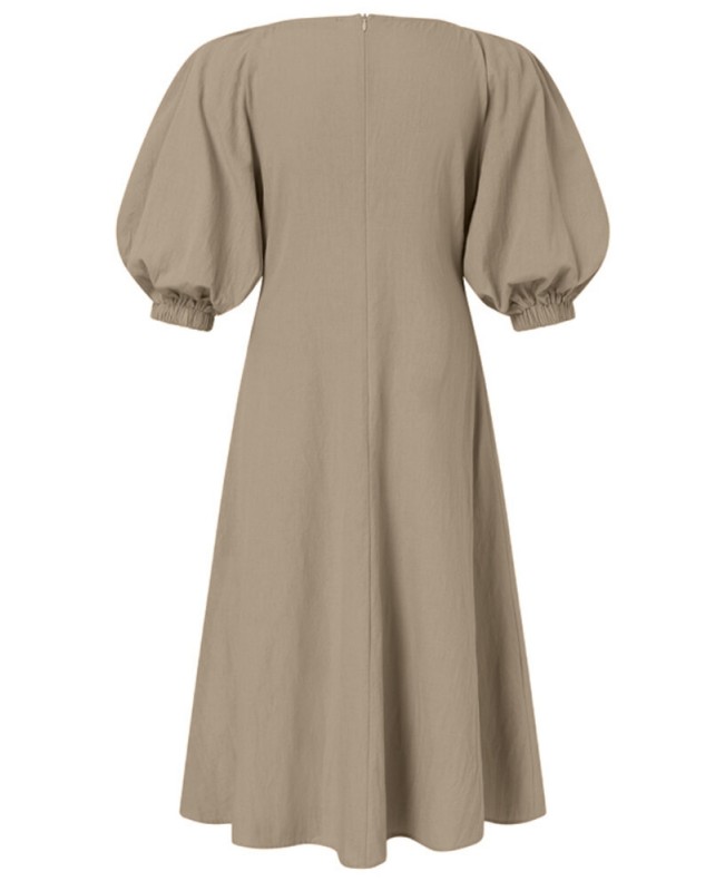 Women Puff Sleeve 100% Cotton V-Neck Solid Color Elastic Cuff Pleats Midi Dresses - Black L Women Puff Sleeve 100% Cotton V-Neck Solid Color Elastic Cuff Pleats Midi Dresses - Black L