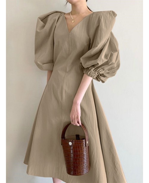 Women Puff Sleeve 100% Cotton V-Neck Solid Color E... Women Puff Sleeve 100% Cotton V-Neck Solid Color E...