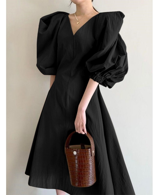 Women Puff Sleeve 100% Cotton V-Neck Solid Color Elastic Cuff Pleats Midi Dresses - Black L Women Puff Sleeve 100% Cotton V-Neck Solid Color Elastic Cuff Pleats Midi Dresses - Black L