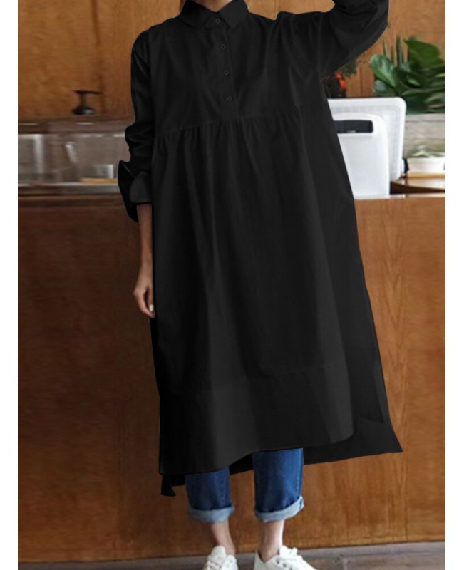 Women Shirt Long Sleeve Collared Calf Length Front Buttons Midi Dresses - Black M Women Shirt Long Sleeve Collared Calf Length Front Buttons Midi Dresses - Black M