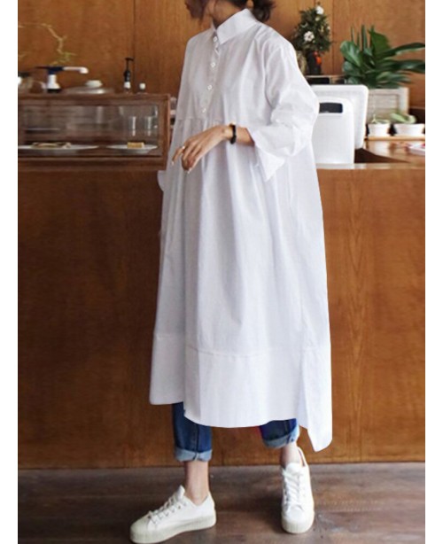 Women Shirt Long Sleeve Collared Calf Length Front... Women Shirt Long Sleeve Collared Calf Length Front...