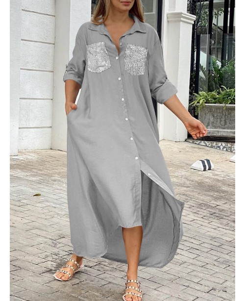 Women Sequins Shirt Solid High Low Hem Calf Length... Women Sequins Shirt Solid High Low Hem Calf Length...