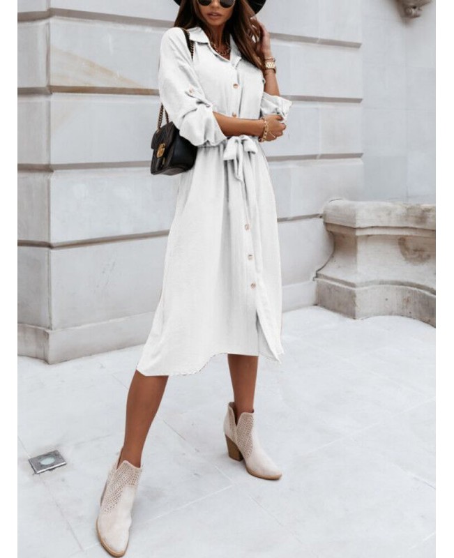 Women Solid Button Down Front Lace-Up Lapel Drop Shoulder Midi Dress - White 2XL Women Solid Button Down Front Lace-Up Lapel Drop Shoulder Midi Dress - White 2XL