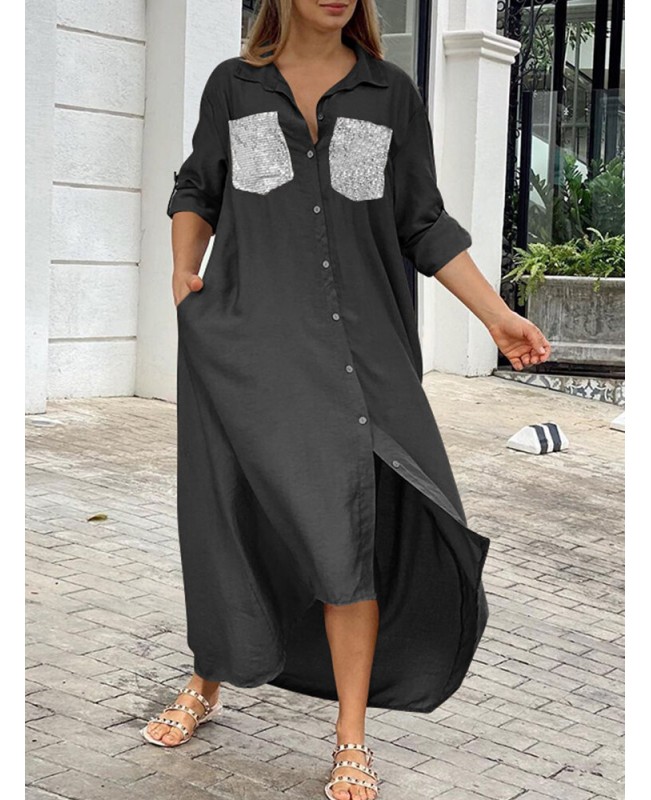 Women Sequins Shirt Solid High Low Hem Calf Length Midi Dresses - Black S Women Sequins Shirt Solid High Low Hem Calf Length Midi Dresses - Black S