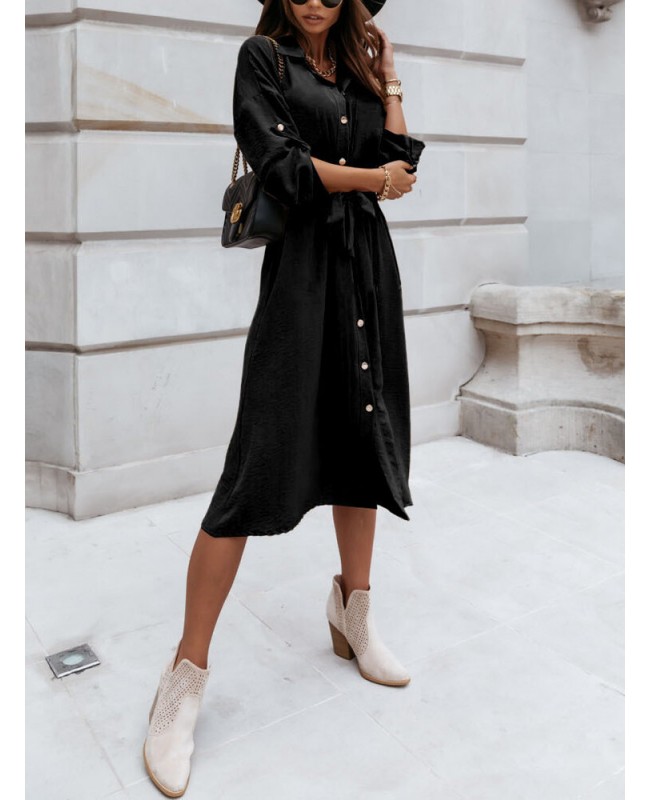 Women Solid Button Down Front Lace-Up Lapel Drop Shoulder Midi Dress - White 2XL Women Solid Button Down Front Lace-Up Lapel Drop Shoulder Midi Dress - White 2XL