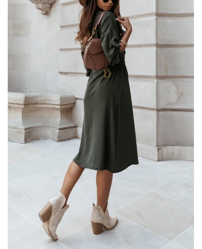 Women Solid Button Down Front Lace-Up Lapel Drop Shoulder Midi Dress - White 2XL Women Solid Button Down Front Lace-Up Lapel Drop Shoulder Midi Dress - White 2XL