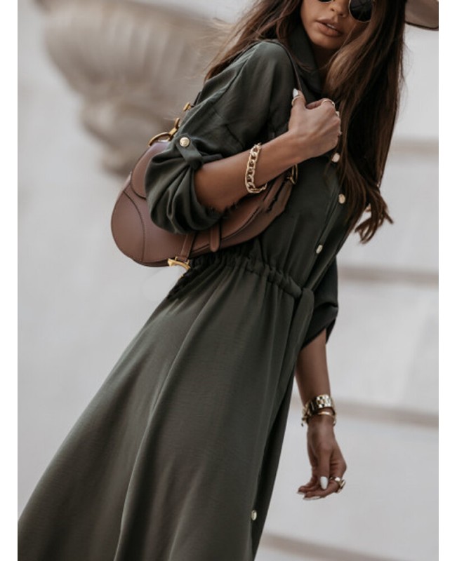 Women Solid Button Down Front Lace-Up Lapel Drop Shoulder Midi Dress - White 2XL Women Solid Button Down Front Lace-Up Lapel Drop Shoulder Midi Dress - White 2XL