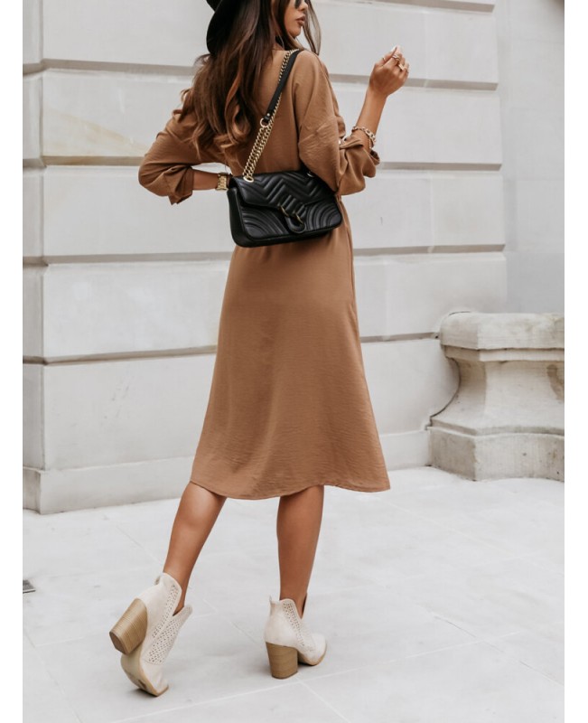 Women Solid Button Down Front Lace-Up Lapel Drop Shoulder Midi Dress - White 2XL Women Solid Button Down Front Lace-Up Lapel Drop Shoulder Midi Dress - White 2XL
