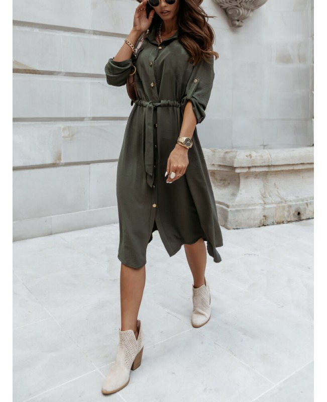 Women Solid Button Down Front Lace-Up Lapel Drop Shoulder Midi Dress - White 2XL Women Solid Button Down Front Lace-Up Lapel Drop Shoulder Midi Dress - White 2XL