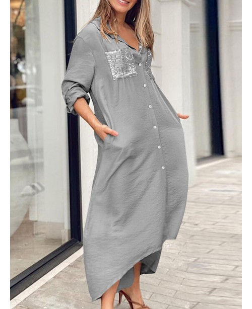 Women Sequins Shirt Solid High Low Hem Calf Length... Women Sequins Shirt Solid High Low Hem Calf Length...