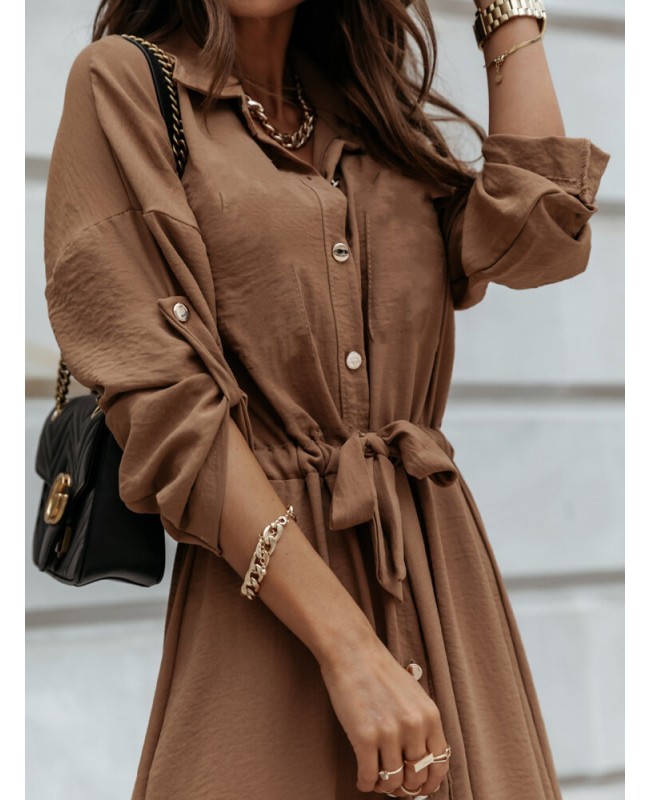 Women Solid Button Down Front Lace-Up Lapel Drop Shoulder Midi Dress - White 2XL Women Solid Button Down Front Lace-Up Lapel Drop Shoulder Midi Dress - White 2XL