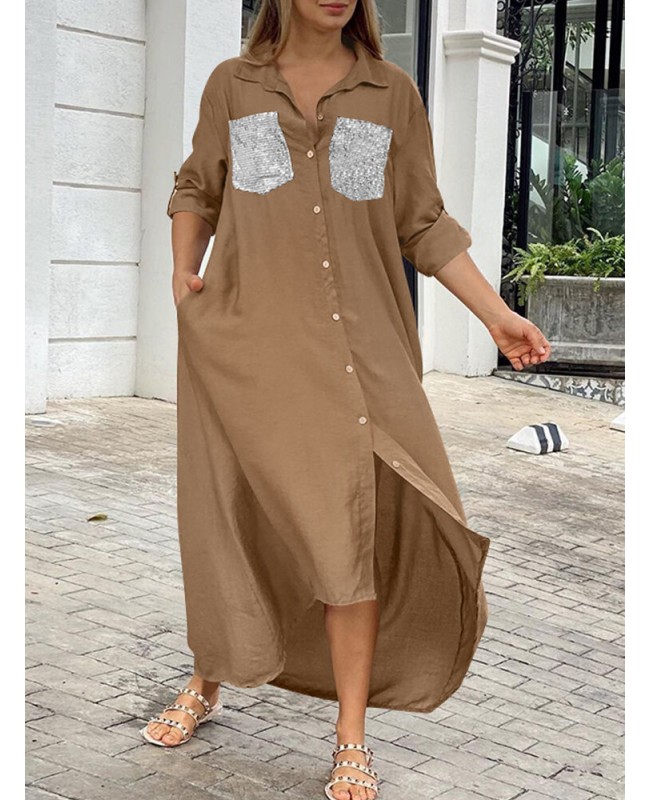Women Sequins Shirt Solid High Low Hem Calf Length Midi Dresses - Black S Women Sequins Shirt Solid High Low Hem Calf Length Midi Dresses - Black S