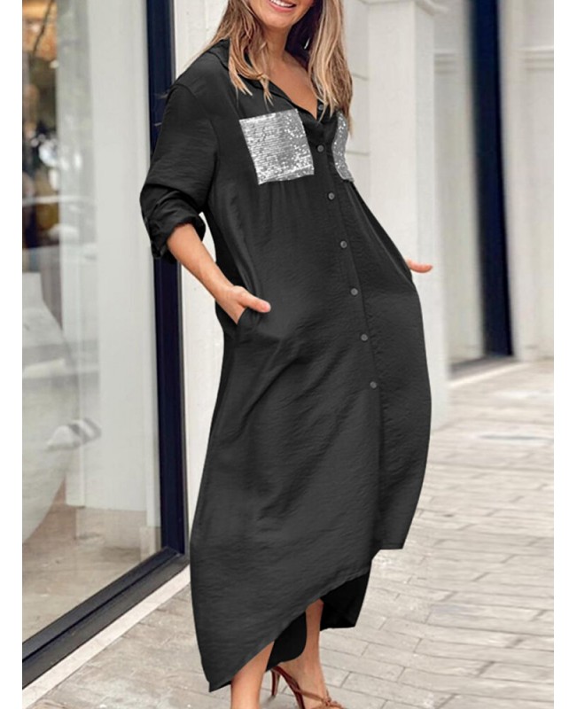 Women Sequins Shirt Solid High Low Hem Calf Length Midi Dresses - Black S Women Sequins Shirt Solid High Low Hem Calf Length Midi Dresses - Black S