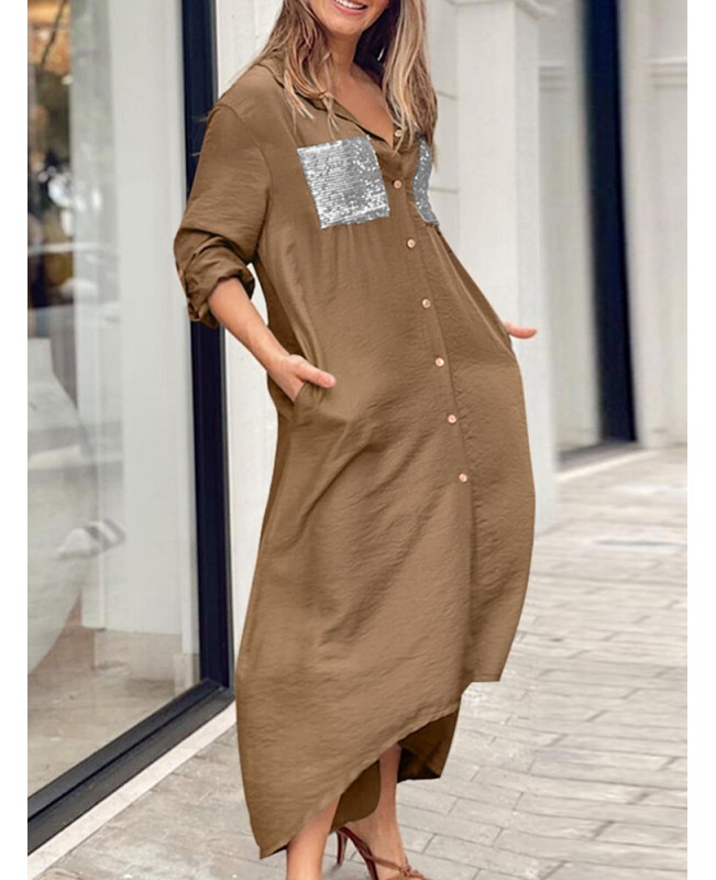 Women Sequins Shirt Solid High Low Hem Calf Length Midi Dresses - Black S Women Sequins Shirt Solid High Low Hem Calf Length Midi Dresses - Black S