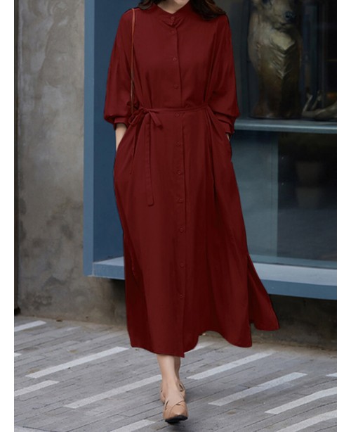 Women Long Sleeve Loose Calf Length Buttons Side P...