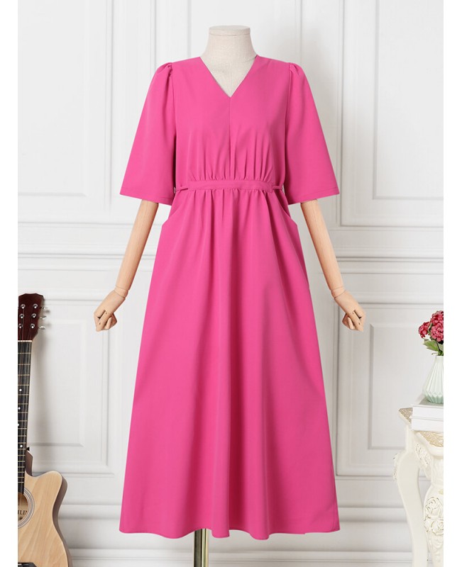 Solid Ruched Pocket Knotted V Neck Midi Casual Dress - Green 2XL