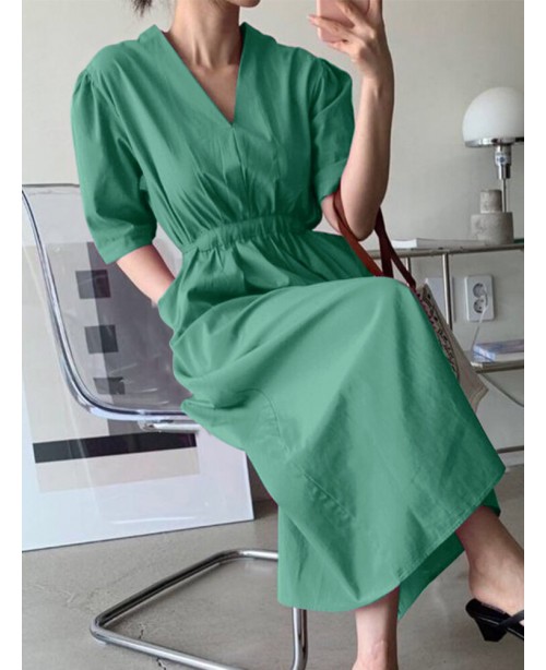 Solid Ruched Pocket Knotted V Neck Midi Casual Dre...