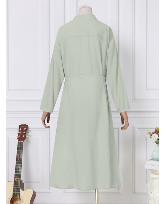 Women Long Sleeve Loose Calf Length Buttons Side Pockets Midi Dresses - Green 3XL